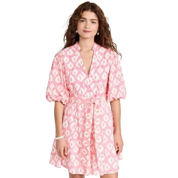 Marea Pink White Ikat Print Short Puff Sleeve Collette Shortie Dress Size Small - Picture 4 of 11